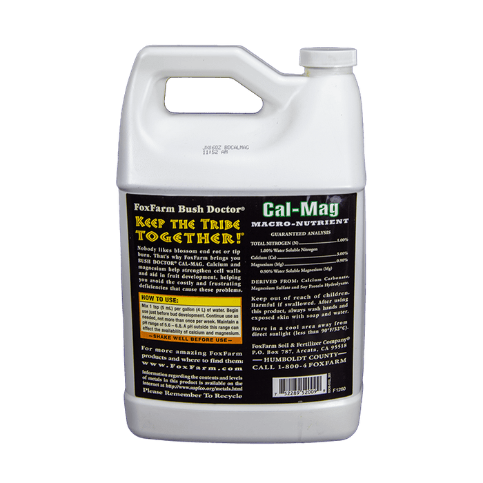 FoxFarm Bush Doctor Cal-Mag macro-nutrient plant supplement. Liquid calcium and magnesium for vigorous plant growth.