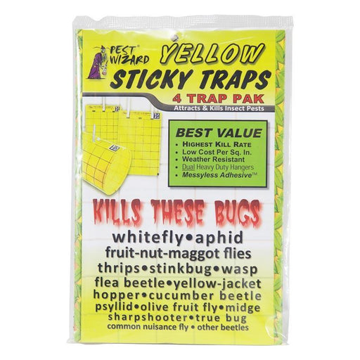 Pest Wizard Yellow Sticky Traps 4-pack for insect pest control. Kills whitefly, aphid, thrips, stinkbug, wasp, and garden bugs.