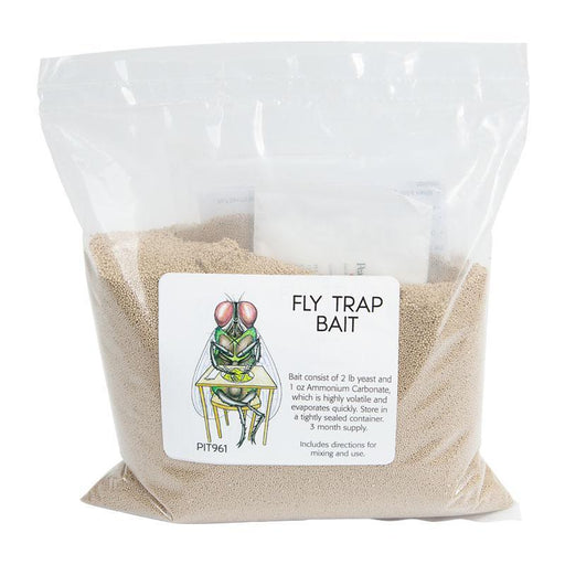 PIT961 granular fly trap bait in a clear bag. Label shows a fly illustration, yeast & ammonium carbonate.