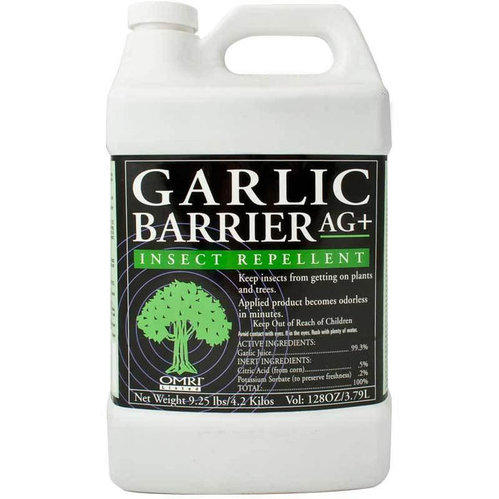 White gallon jug of Garlic Barrier AG+ insect repellent for plants, trees. OMRI listed, natural pest control.