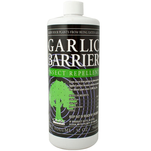 Garlic Barrier 32oz organic insect repellent protects plants. OMRI listed pest control for gardens.