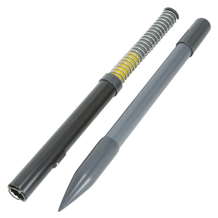 Dark gray spring-loaded tent pole section with yellow core and a separate pointed gray ground stake.