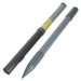 Dark gray spring-loaded tent pole section with yellow core and a separate pointed gray ground stake.