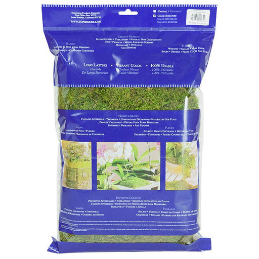 Bag of green SuperMoss for gardening, crafts, terrariums, and floral decorations. Long-lasting vibrant natural plant moss.