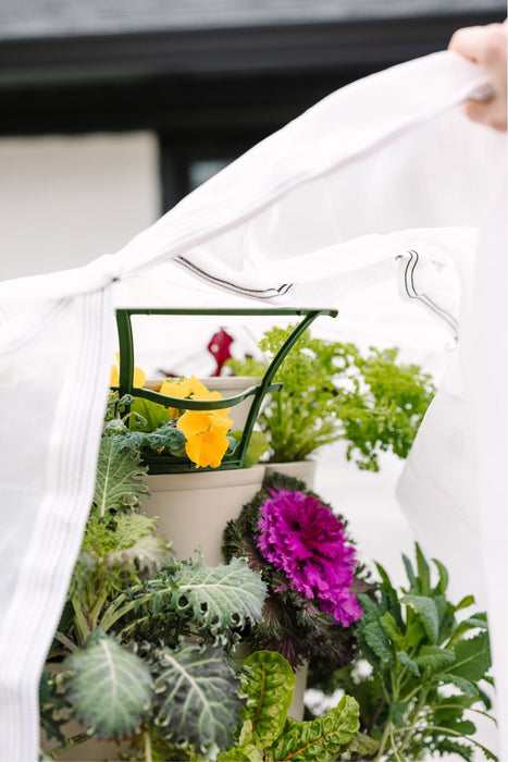 Vertical tiered garden with kale, chard, parsley, and yellow pansies under a lifted white row cover. Urban container gardening.