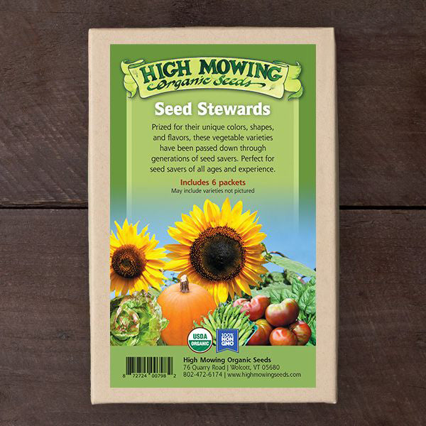 High Mowing Organic Seeds Seed Stewards 6-packet box. Features sunflowers, pumpkin, lettuce, tomatoes. USDA Organic, Non-GMO heirloom vegetable seeds.