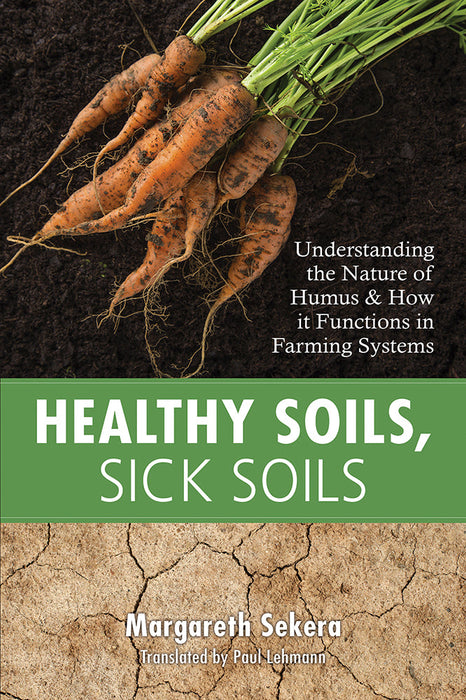 Healthy Soils, Sick Soils book cover. Fresh carrots in rich soil and dry, cracked earth symbolize soil health & farming systems.