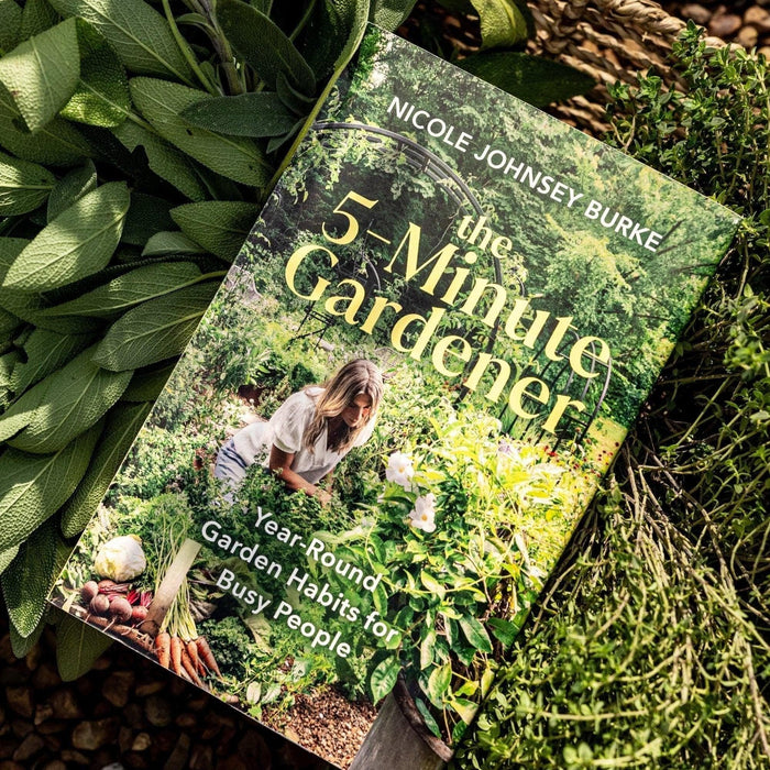 The 5-Minute Gardener book by Nicole Johnsey Burke, with fresh sage and thyme. Year-round garden tips for busy people.