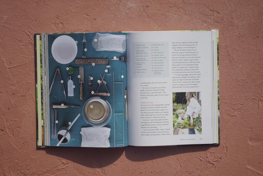 Flat lay of home gardening tools, salad spinner, seeds, and harvest bowl on a book page. Woman harvests fresh lettuce.