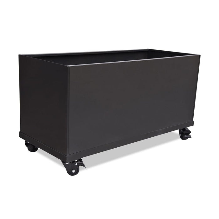 Heavy-duty black rectangular metal mobile planter with locking casters. Outdoor/indoor garden box.