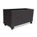 Heavy-duty black rectangular metal mobile planter with locking casters. Outdoor/indoor garden box.