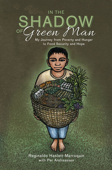 "In the Shadow of Green Man" book cover. Boy carries a basket of diverse crops, soil, and farm structures. Food security, regenerative agriculture.