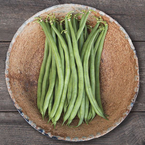 Fresh vibrant green beans in a textured rustic bowl on a dark wood background. Healthy vegetables, garden produce.