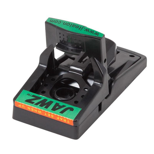Black JAWZ reusable rodent snap trap for mice and rats, with "TRAP SET WHEN UP" indicator.
