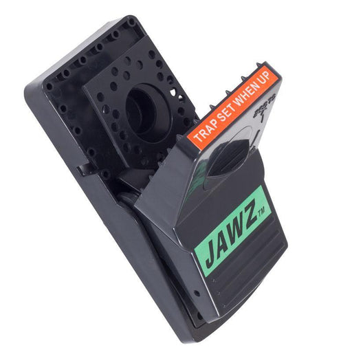 Black JAWZ mouse trap, armed with "TRAP SET WHEN UP" indicator. For effective rodent and pest control.
