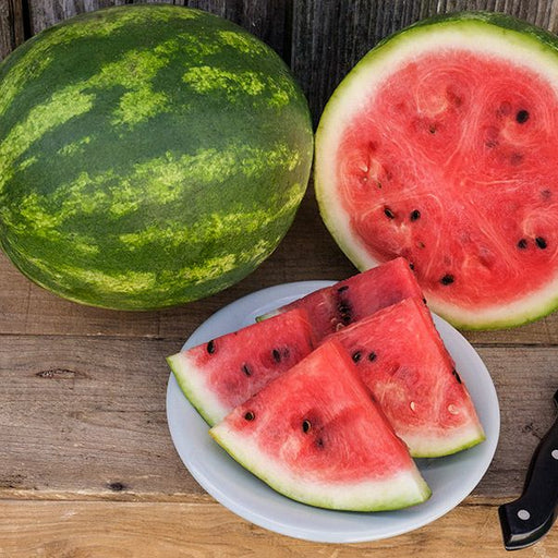 Fresh whole green striped watermelon, a cut half revealing red flesh and seeds, plus three slices on a white plate. Summer fruit on wood.