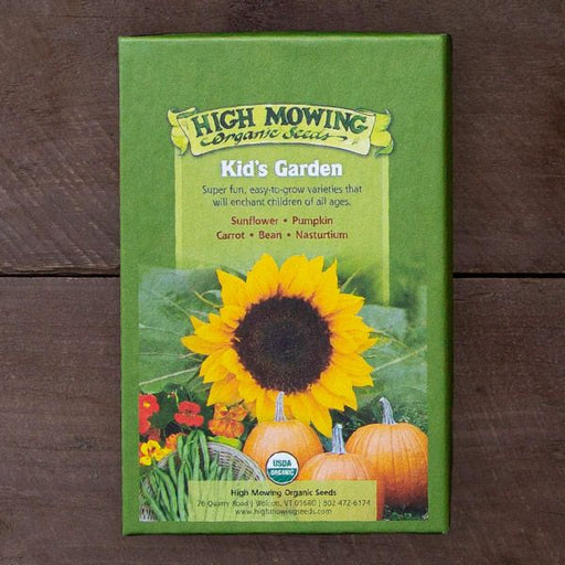High Mowing Organic Kid's Garden seed packet. Features sunflower, pumpkins, beans. Organic sunflower, pumpkin, carrot, nasturtium seeds.