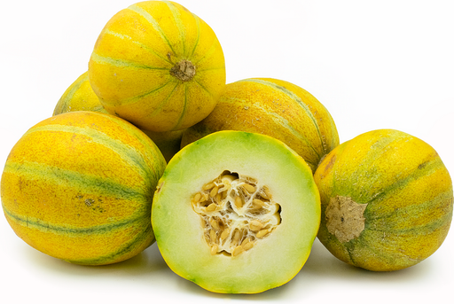Yellow and green striped melons, one cut open revealing light green flesh and seeds. Fresh, sweet fruit produce.