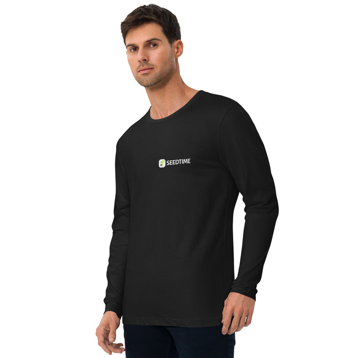 Man modeling black Seedtime long-sleeve shirt, essential comfortable gardening wear.