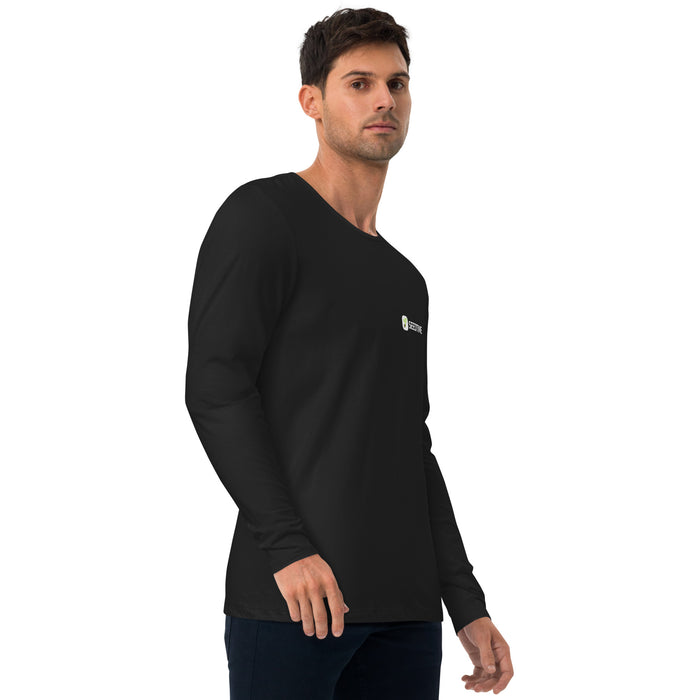 Black long-sleeve shirt with Seedtime logo on male model. Men's casual apparel, long sleeve top.