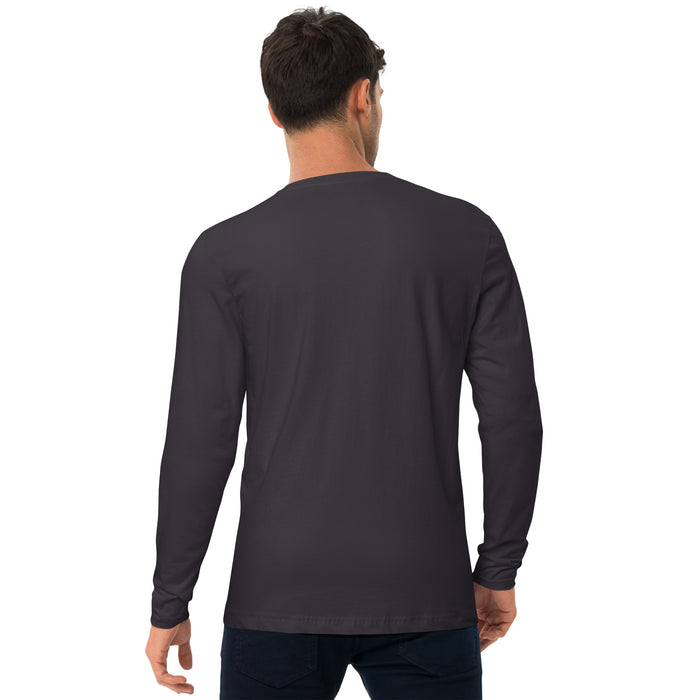 Men's blank dark grey long-sleeve t-shirt, back view. Casual charcoal long sleeve tee for men.