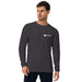 Man wearing dark gray long-sleeve Seedtime shirt with logo. Comfortable men's apparel.