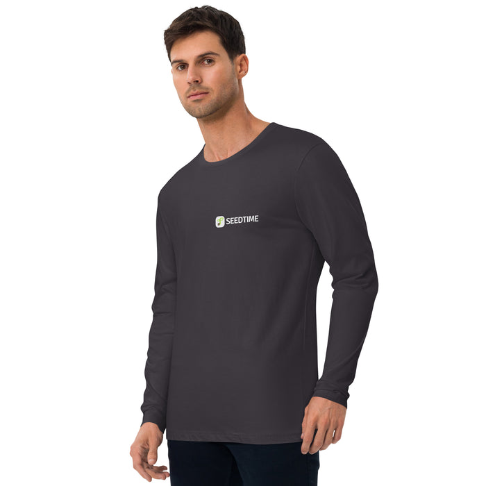 Male model in dark grey long-sleeve shirt featuring Seedtime logo. Branded men's casual apparel.