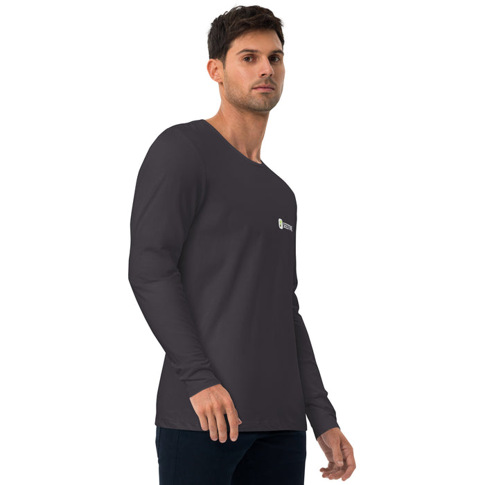 Charcoal men's long sleeve shirt with Seedtime logo. Casual dark grey long sleeve t-shirt for men.