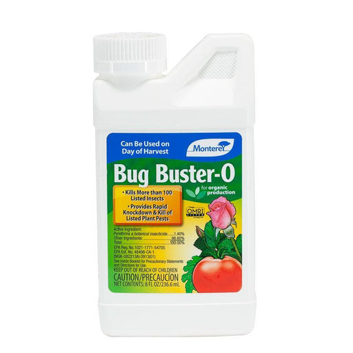 Monterey Bug Buster-O organic insecticide for garden pest control. Kills 100+ insects, OMRI listed.