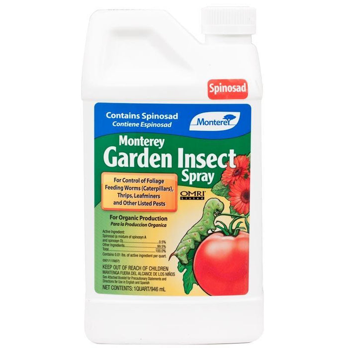 Monterey Garden Insect Spray with Spinosad, OMRI Listed organic pest control for caterpillars, thrips, and leafminers.