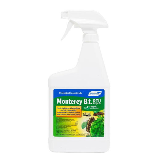 Monterey B.t. RTU biological insecticide for organic gardening. Ready-to-use caterpillar & worm control spray.