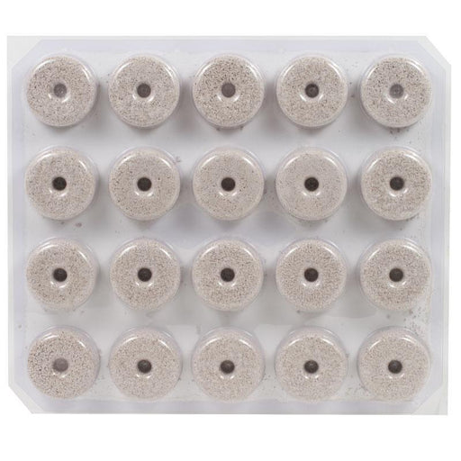 20 beige, granular tablets with center holes in a clear blister pack. Slow-release water treatment, pond care, mosquito control.