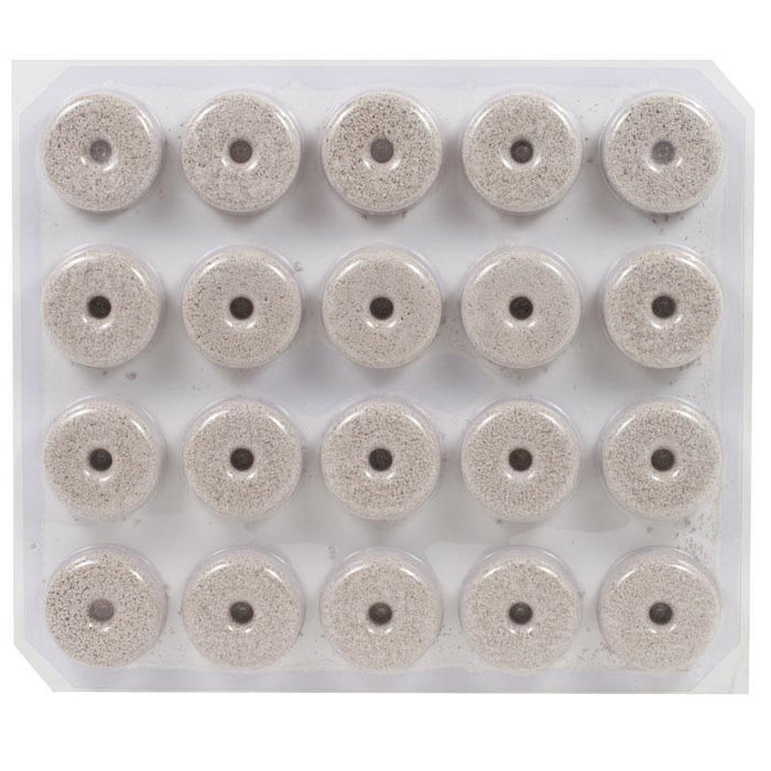 20 beige, granular tablets with center holes in a clear blister pack. Slow-release water treatment, pond care, mosquito control.