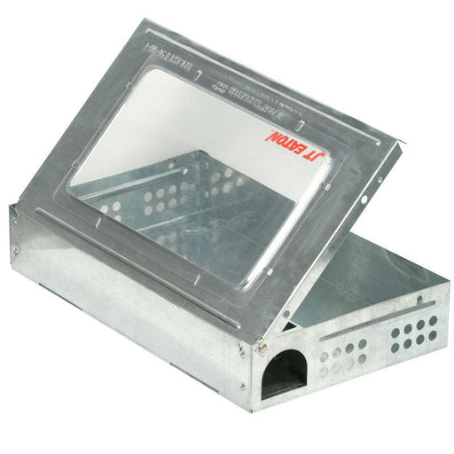 Galvanized steel JT Eaton live mouse/rat trap with clear lid and entry hole for humane rodent control.