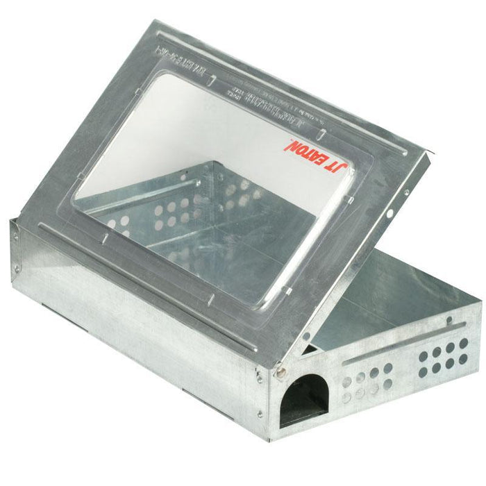 Galvanized steel JT Eaton live mouse/rat trap with clear lid and entry hole for humane rodent control.