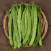 Fresh green flat beans (Romano beans) in a wicker basket. Healthy garden vegetables.