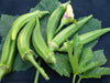 Fresh green okra pods, okra leaves, and a pale yellow flower bud. Healthy garden vegetable harvest.