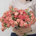 Hand holding vibrant coral peach variegated carnation bouquet. Fresh cut flowers for floral arrangements.