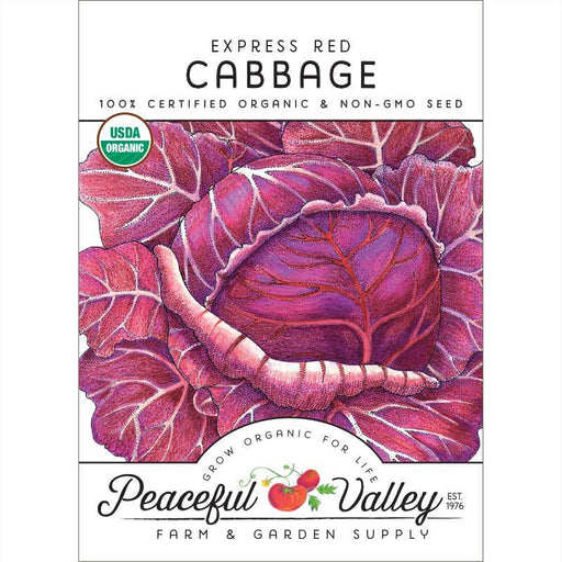 Express Red Cabbage organic non-GMO seed packet. USDA Organic certified by Peaceful Valley Farm & Garden Supply.