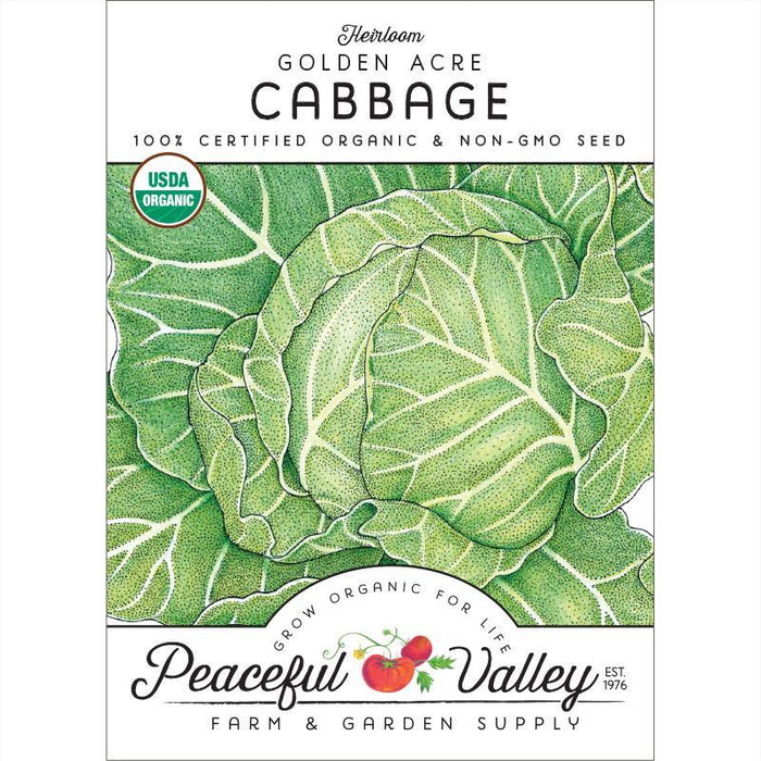 Heirloom Golden Acre Cabbage seed packet. USDA Organic, non-GMO vegetable seeds from Peaceful Valley Farm & Garden Supply.