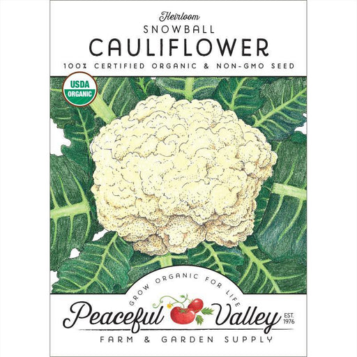 Heirloom Snowball Cauliflower organic seed packet. USDA certified, non-GMO vegetable seeds from Peaceful Valley.