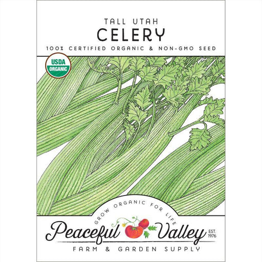 Tall Utah Celery organic non-GMO seed packet by Peaceful Valley. USDA certified garden vegetable seeds.