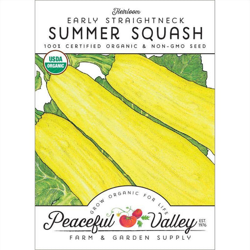 Heirloom Early Straightneck Summer Squash seed packet, USDA Organic & Non-GMO. Yellow squash illustration by Peaceful Valley.