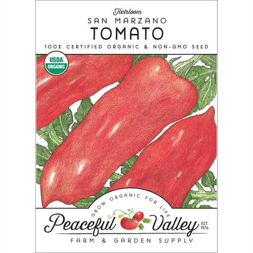 Heirloom San Marzano organic non-GMO tomato seed packet with red tomatoes, USDA Organic certified.