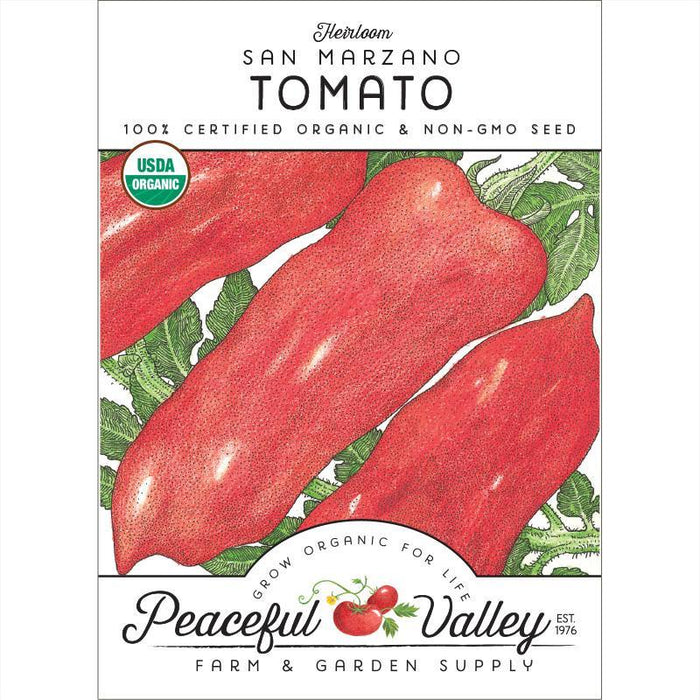 Heirloom San Marzano organic non-GMO tomato seed packet with red tomatoes, USDA Organic certified.