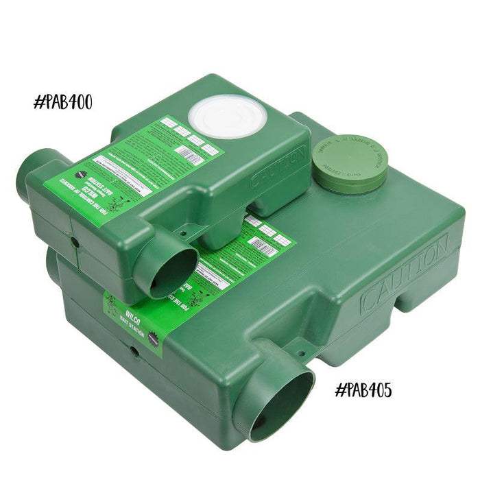 Green Wilco PAB400 and PAB405 rodent bait stations, stacked for effective rat and mouse pest control.