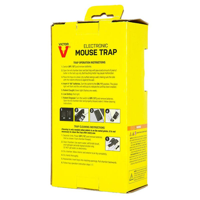 Yellow Victor Electronic Mouse Trap box showing setup and cleaning instructions for effective rodent pest control.