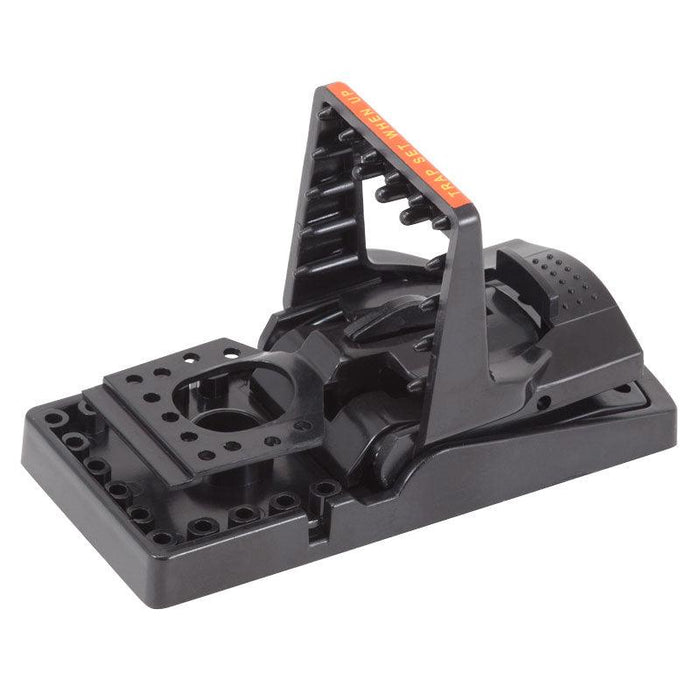 Black plastic snap mouse trap with red "TRAP SET WHEN UP" indicator. Reusable rodent and pest control.