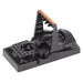 Black plastic snap mouse trap with red "TRAP SET WHEN UP" indicator. Reusable rodent and pest control.