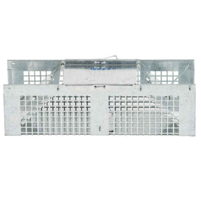 Metal humane live trap, galvanized steel cage for catching rodents & small pests.